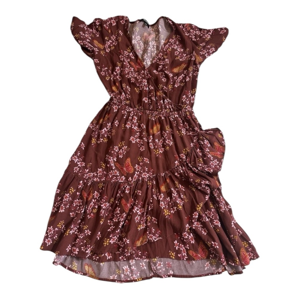 Madewell Ruffle-Wrap Windowbox Floral Butterfly Short Sleeve Maroon Dress Size 4